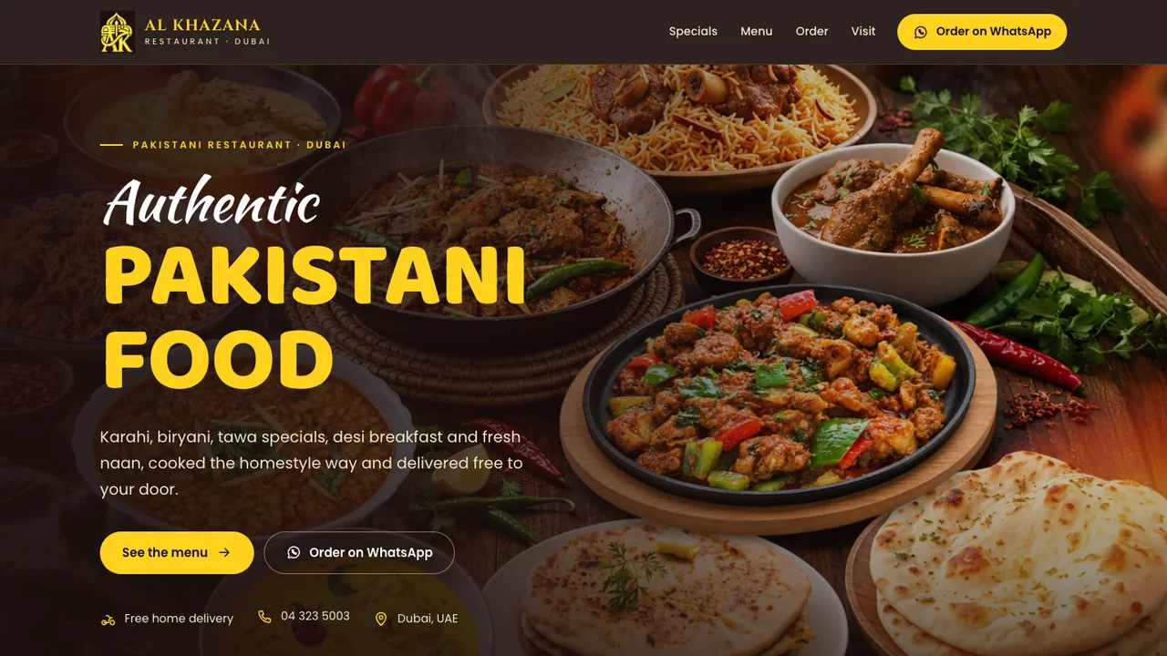 Homepage of the Al Khazana Restaurant website