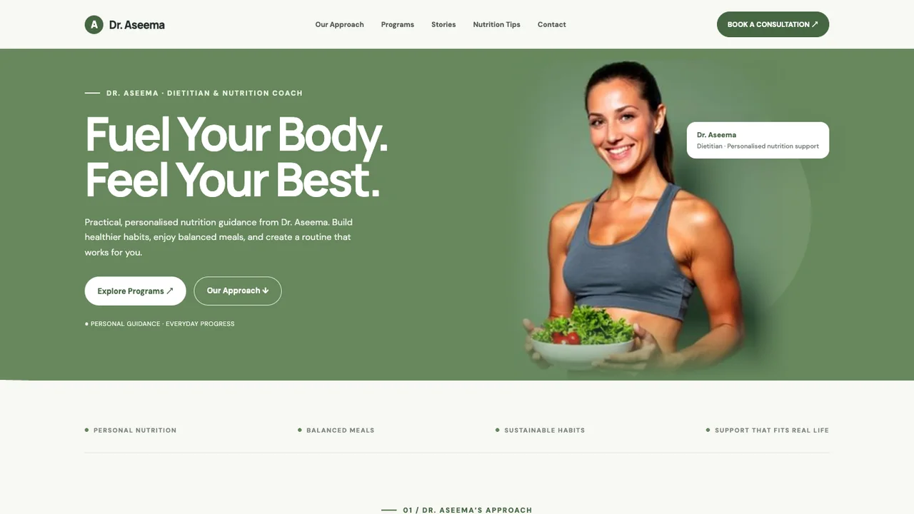 Homepage of the Dr. Aseema Nutrition website